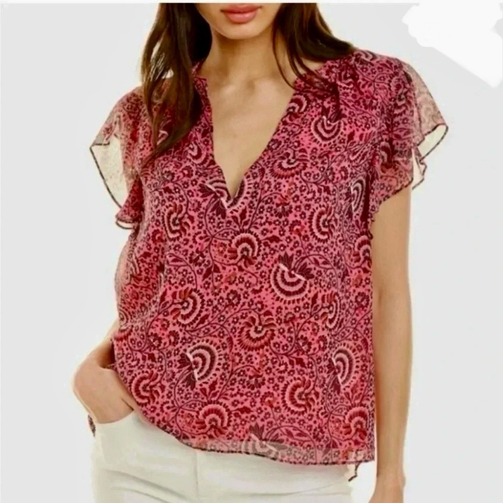 A.L.C. June pink floral paisley flutter sleeve blouse. 100% silk.